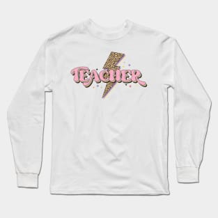 Teacher Power Design, Rainbow Lighting Bolt, Cheetah Pastel Colors Teacher T Shirt Long Sleeve T-Shirt